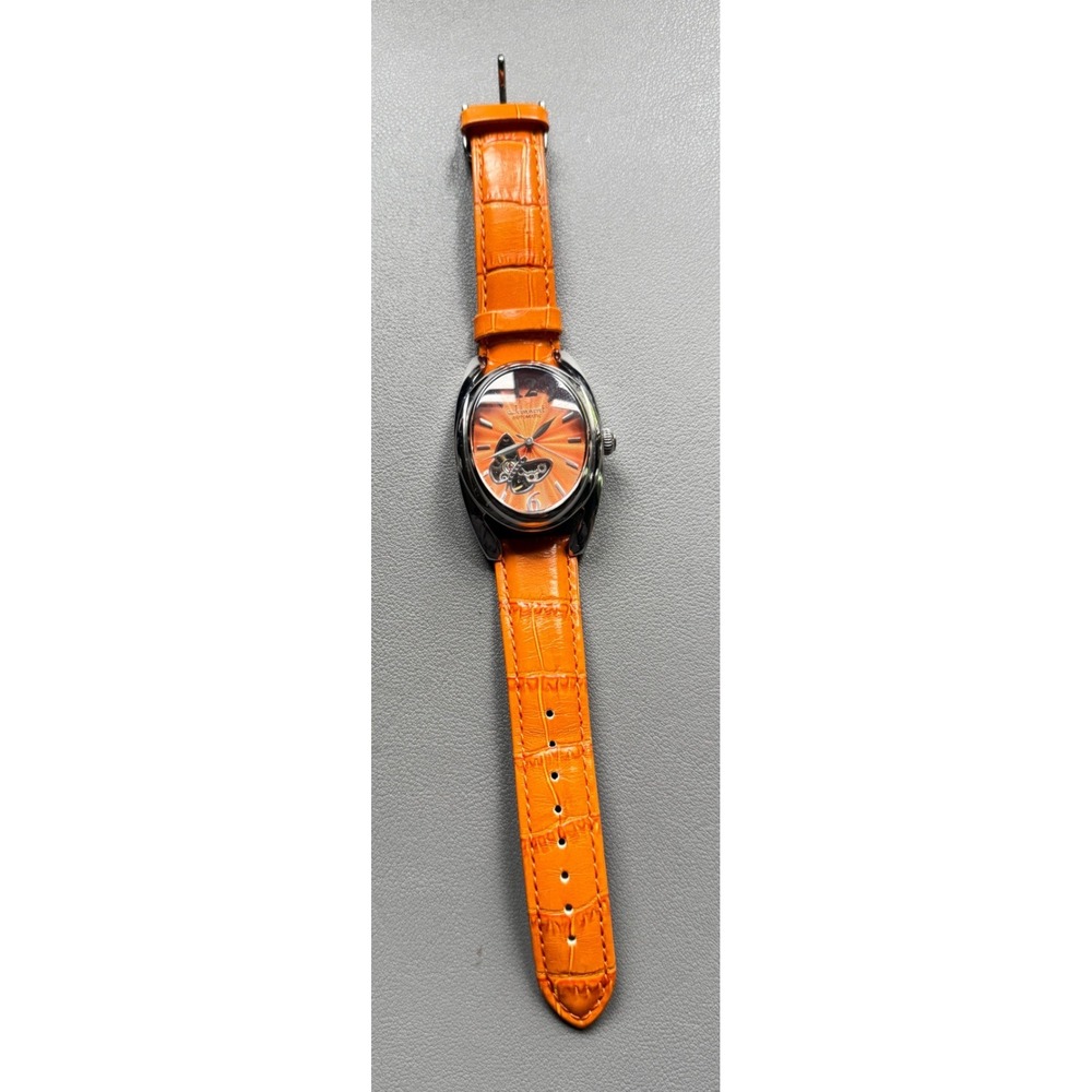 Jeanneret Women Orange Skeleton Automatic Watch Stainless Steel Leather J-64283